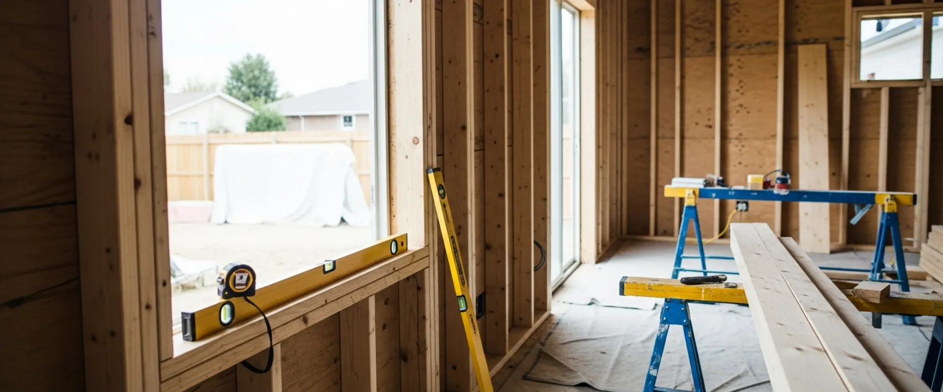 Interior of a GTA home mid-renovation with new stud framing and daylight through a new window opening