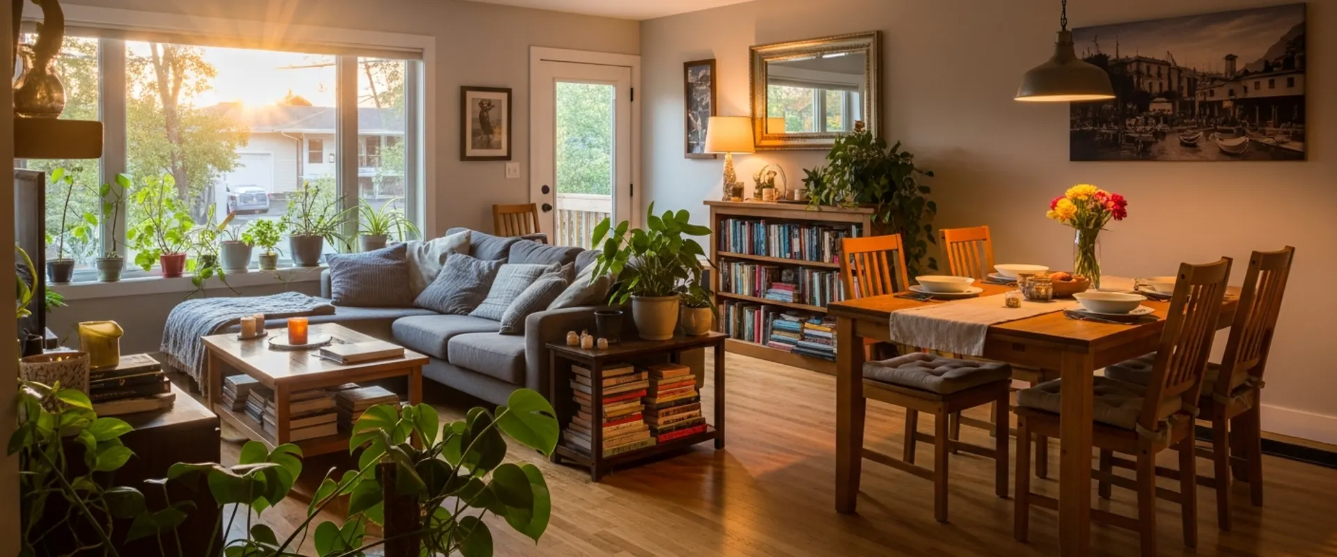 Warm, lived-in open-plan living and dining space in a renovated Canadian family home